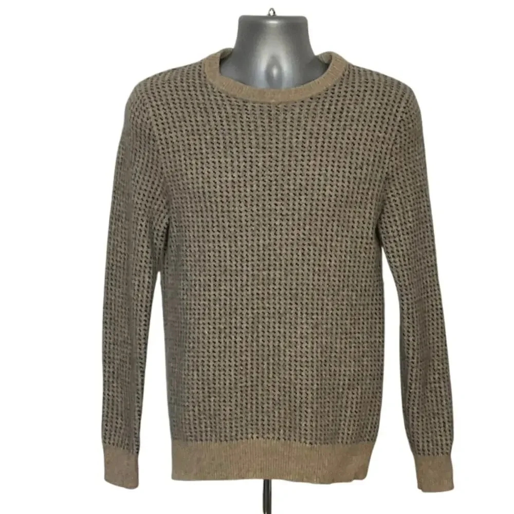 J Crew Sweater Mens M Merino Wool Tan Navy Textured Knit Crewneck Pullover